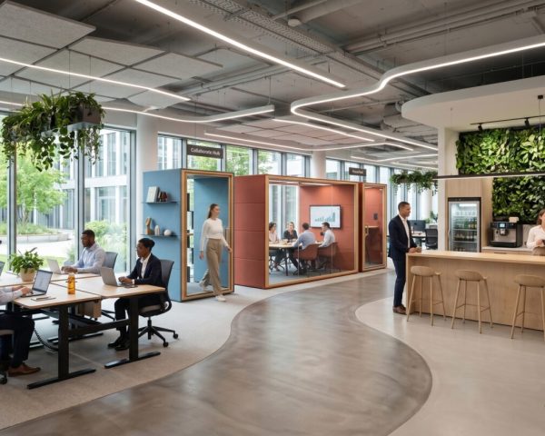 Die technische Ausführung betont die Funktionalität und Ästhetik des modernen Bürolayouts