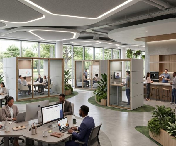 Eine moderne Bürolandschaft mit flexiblen Arbeitsbereichen, Besprechungsräumen und einer Küche bietet eine kollaborative und angenehme Arbeitsatmosphäre