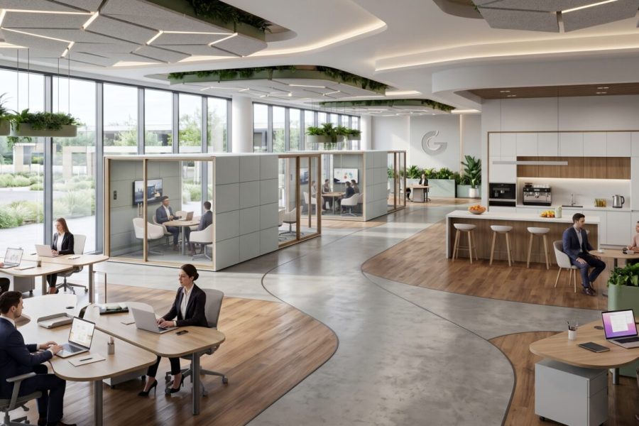 Menschen arbeiten in einem hellen, modernen Büro mit Glasboxen